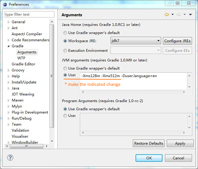 Eclipse Gradle settings